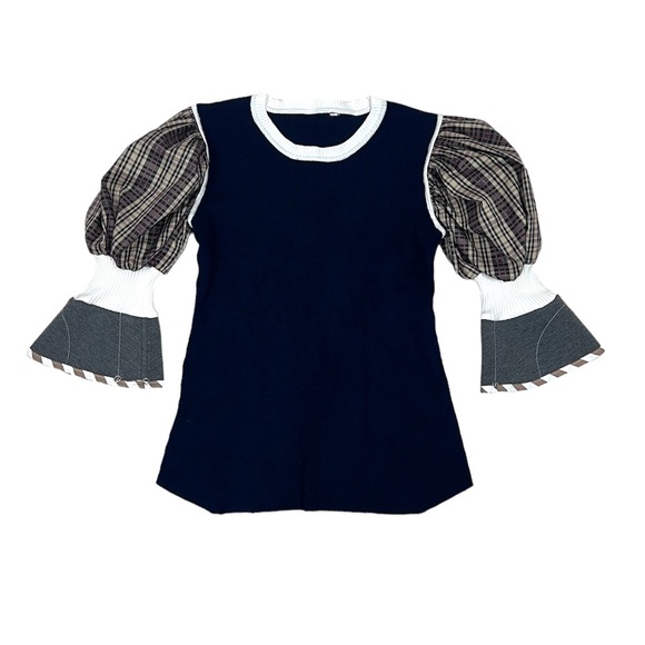 Modcloth Madras Plaid Colorblock Puff Sleeve Sweater - Picture 7 of 9